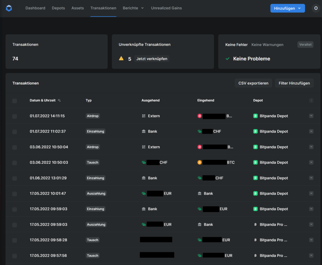 Blockpit Krypto Transaktionen